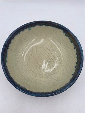 Pier 1 Crackle Glaze Ceramic Bowl 10" Blue & Beige Handmade Look Collectible
